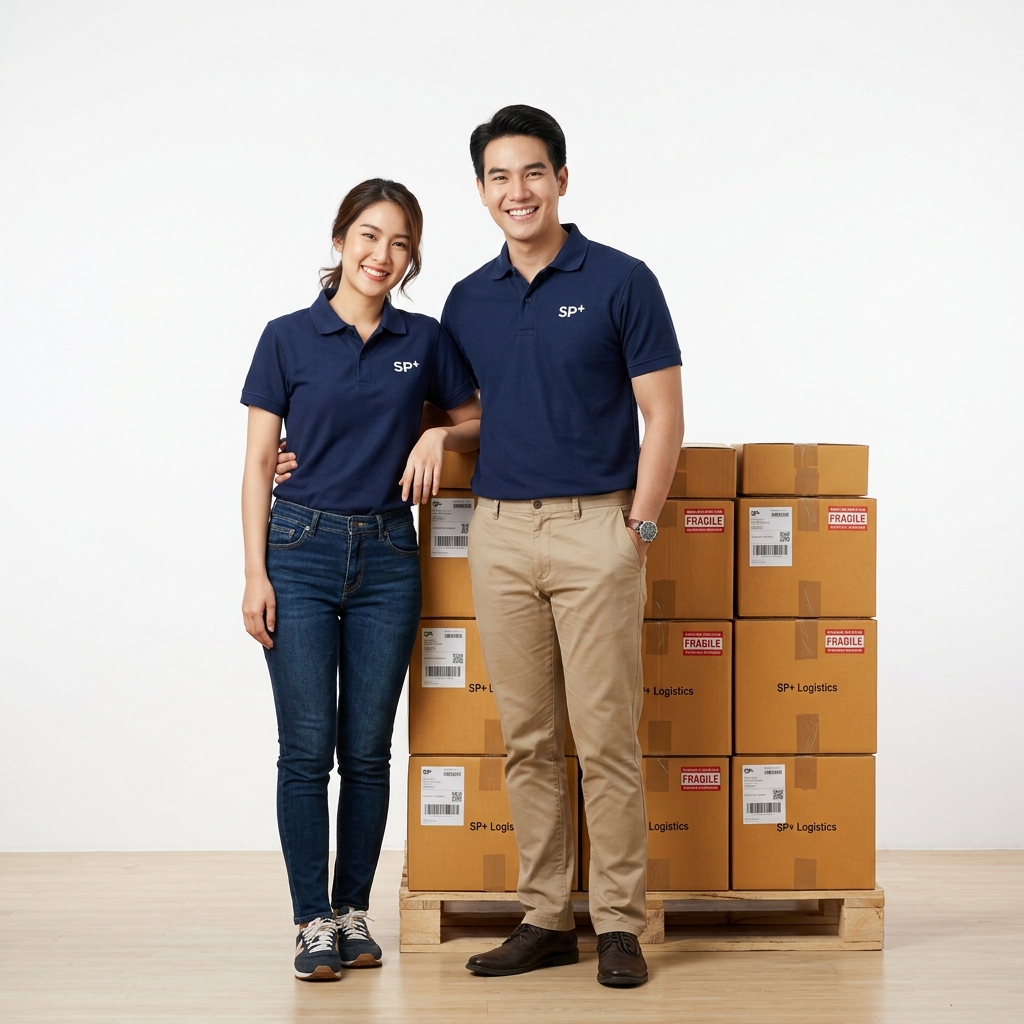Happy Thai couple smiling with shipping boxes